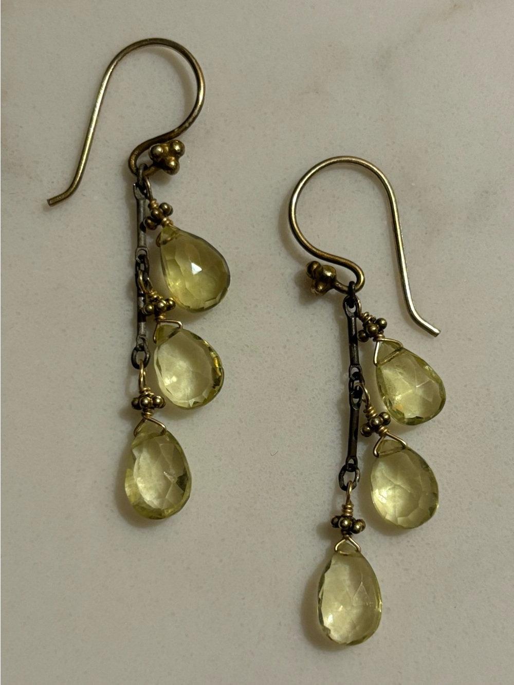 Yellow Teardrop Dangle Earrings in Antique Gold